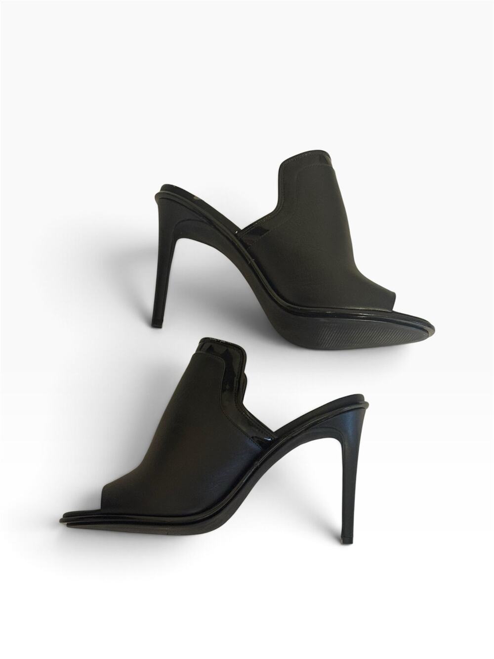 Calvin Klein Black Vegan Leather Mule Heels Peep Toe Patent Stiletto Shootie 10